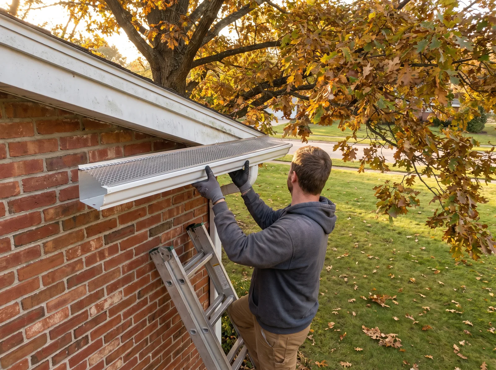 Installer fitting seamless aluminum gutters with mesh guards on a home under mature oak trees, leaves in the old gutter